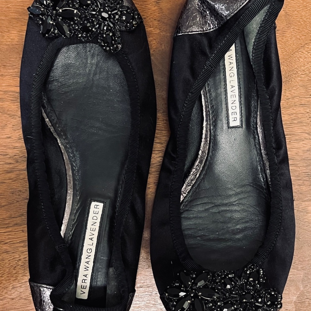 Vera Wang Lavender - Lisa Leather Crystal Ballet Flats - Black - US 7 Womens
